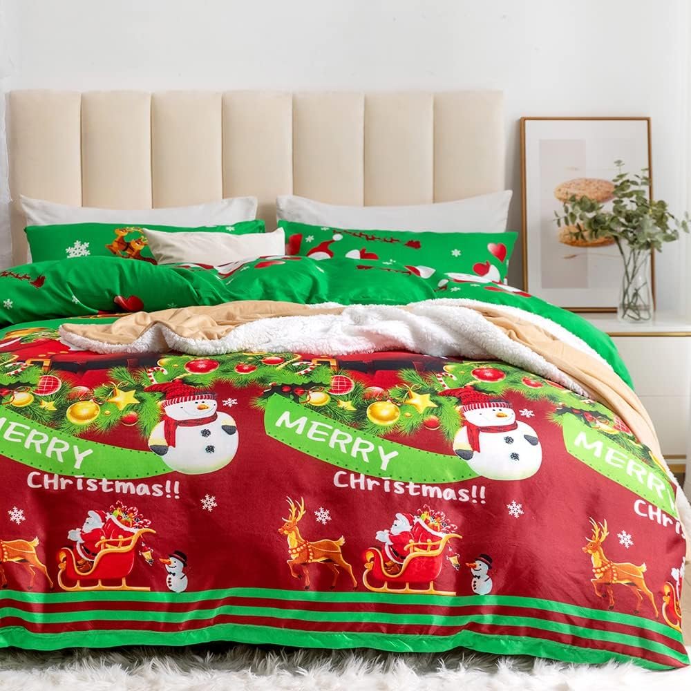 Merry Santa Duvet Cover Set Quilt Cover with Matching Pillowcases Bedding Bed Linen Multi-Colour Santa Claus Christmas Theme Duvet Cover Set Ultra Soft Durable Design (Super King)