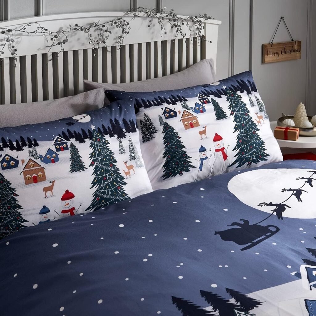 Sleepdown Christmas Scene Snowman Glow In The Dark Soft Easy Care Duvet Cover Quilt Bedding Set with Pillowcase - Single (135cm x 200cm)