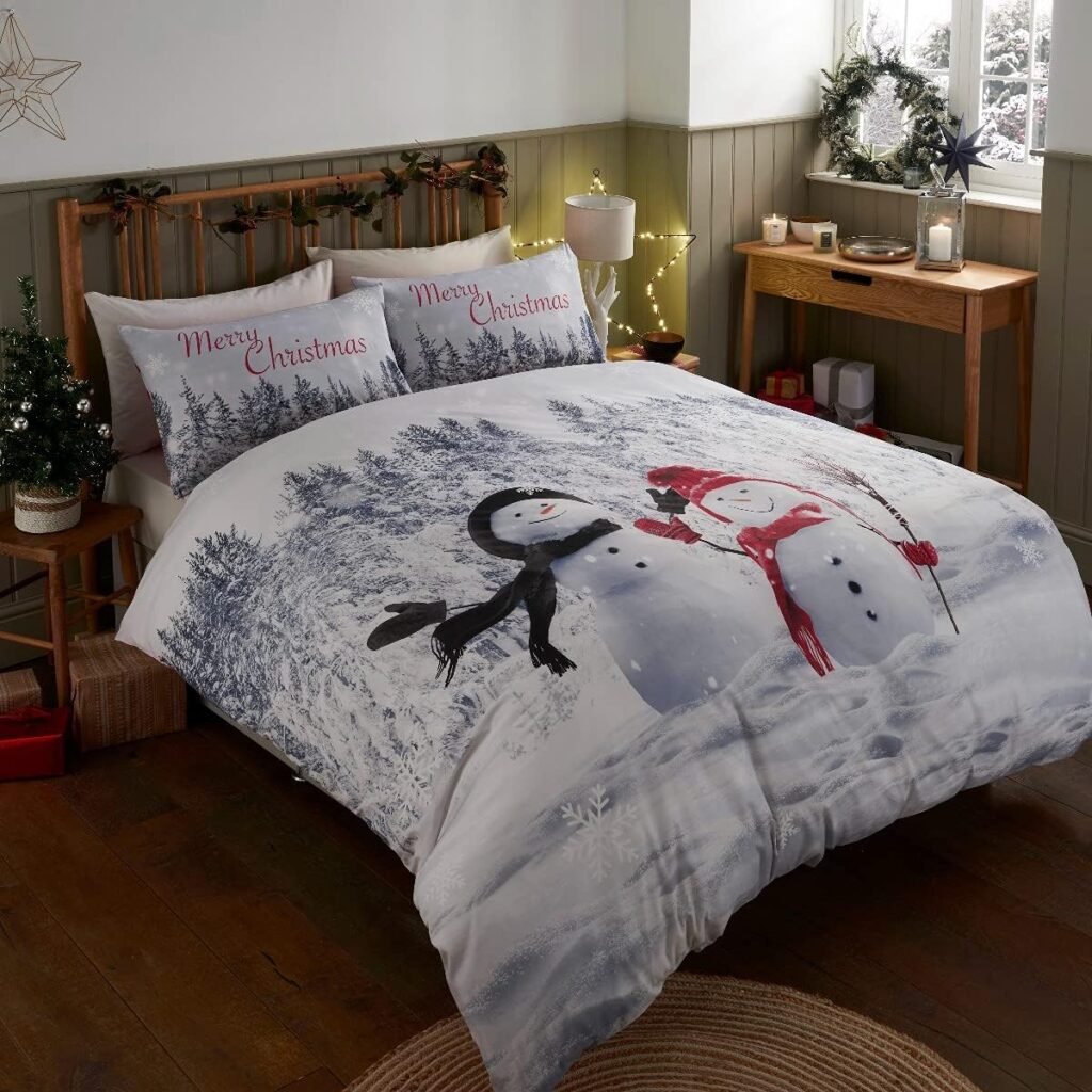 Sleepdown Merry Christmas Photographic Snowman Friends Red Reversible Soft Easy Care Duvet Cover Quilt Bedding Set with Pillowcase - Single (135cm x 200cm)