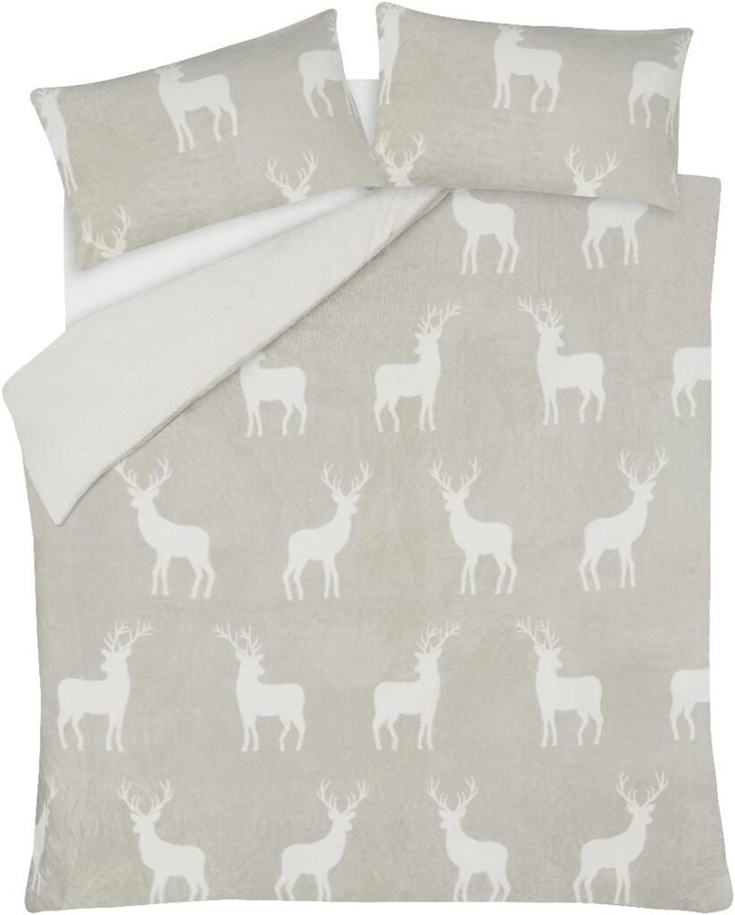 Sleepdown Stag Printed Flannel Fleece With Sherpa Reverse Thermal Warm Cosy Super Soft Duvet Cover Quilt Bedding Set with Pillow Cases - Double (200cm x 200cm) - Natural