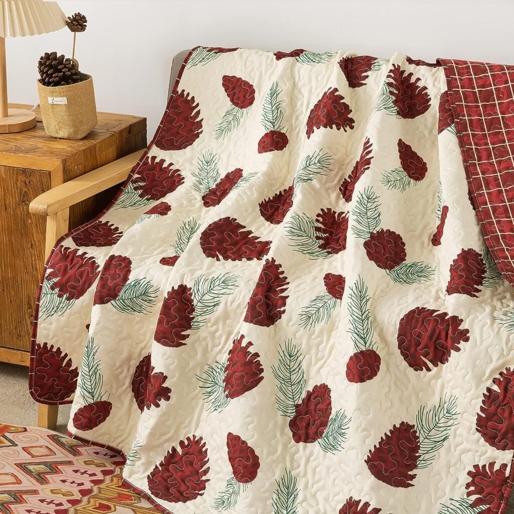 Soul  Lane Natures Gift Red Pinecones Throw 50 x 60: Red and Ivory Christmas Quilt, Lightweight Lodge Forest Comforter, Country Quilted Blanket, Summer Lap Coverlet for Couch, Nature Bedding