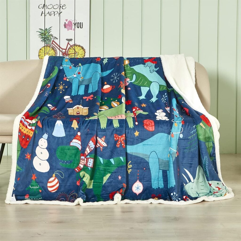 VINILITE Kid Sherpa Fleece Throw Blanket Christmas Dinosaur Print 60x80, Ultra Soft Cozy Plush Fluffy Children Bedding Throw for Couch Sofa, Warm Lightweight Fuzzy Blanket for Boys Girls Gift