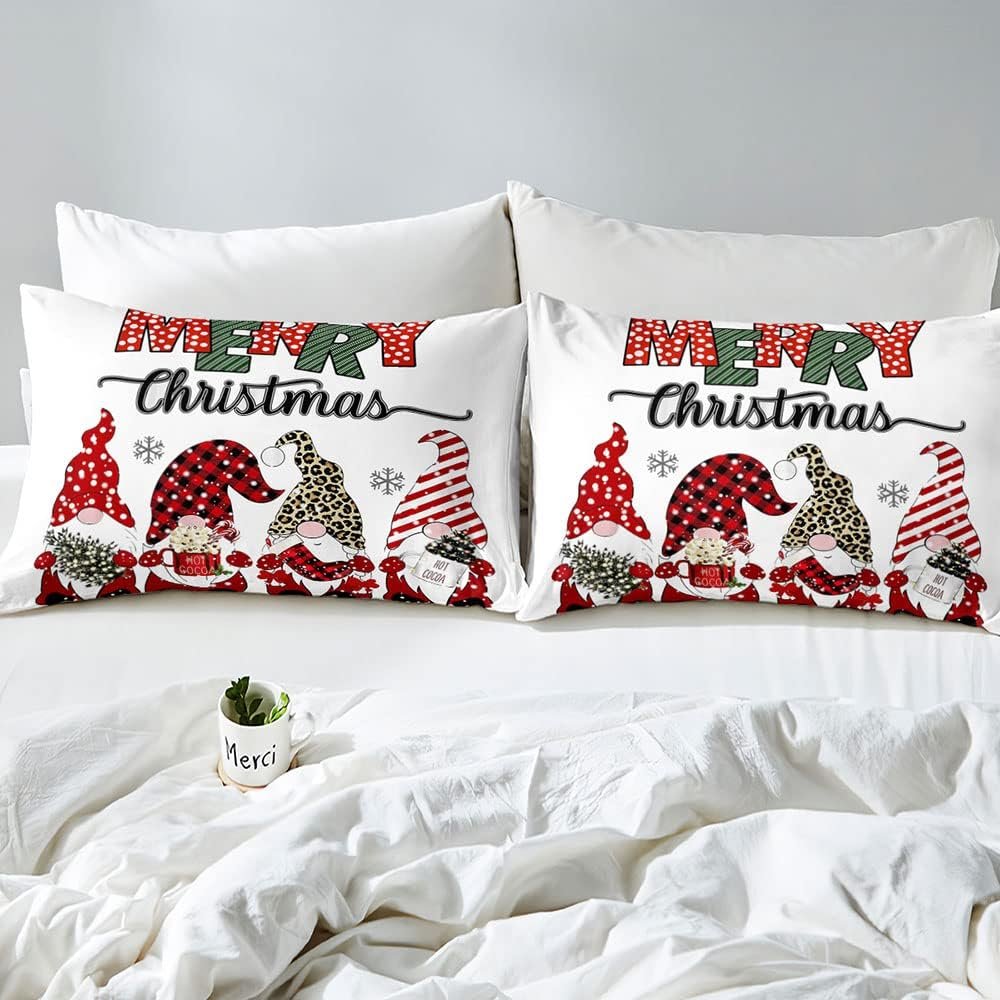 VIVIHOME 3PCS Merry Christmas Duvet Cover Queen, Cute Gnome Duvet Cover, White Bedding, Snowflake Red Buffalo Plaid Striped Leopard Print Holiday Xmas Comforter Bedspread Quilt Cover, 2 Pillow Shams