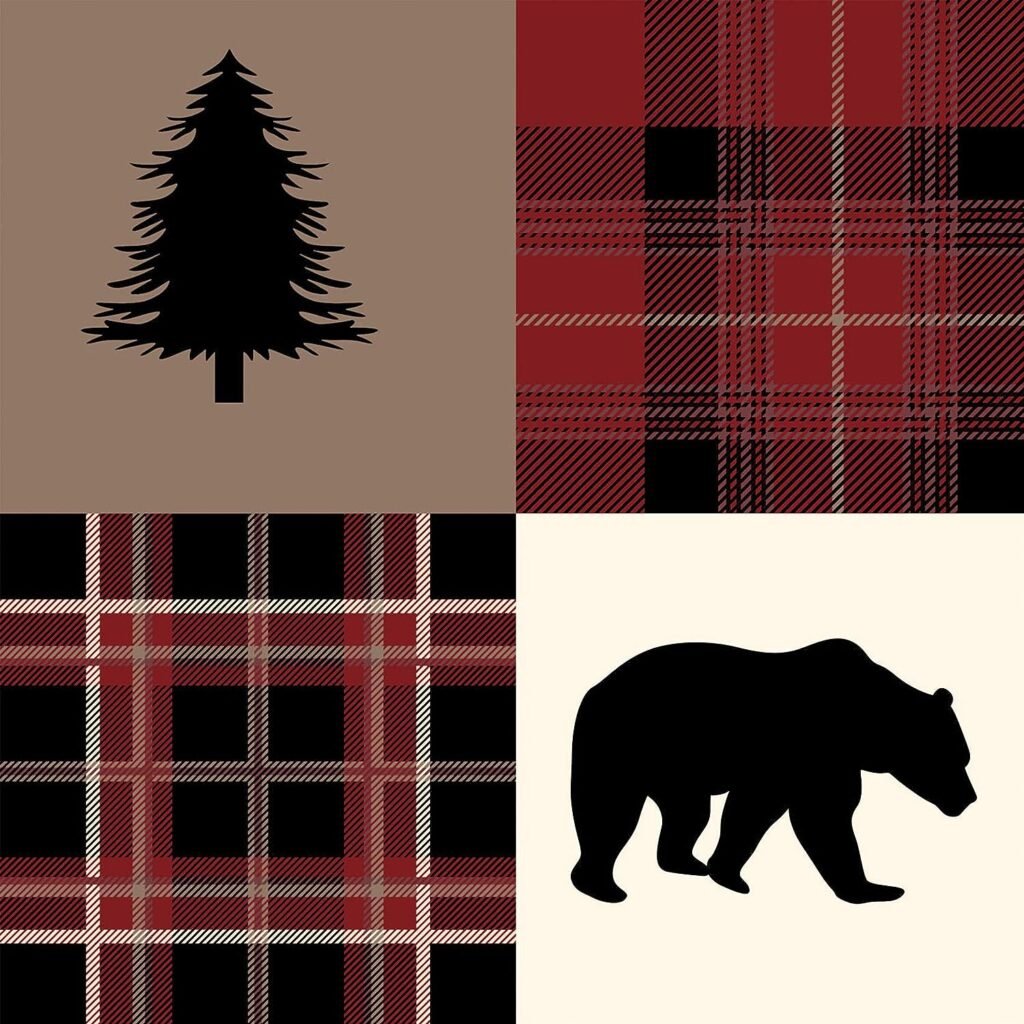 Wake In Cloud - Rustic Patchwork Comforter Set, Christmas Lodge Red and Black Bedding Woodland Wildlife Bear Moose Elk Pine Trees Pattern Printed, Soft Microfiber Bedding (3pcs, King Size)